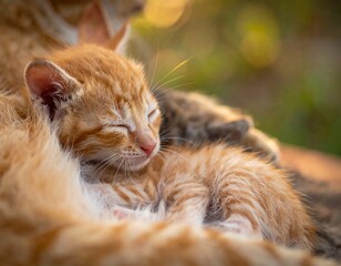 Mother Cat Nurturing Kittens.