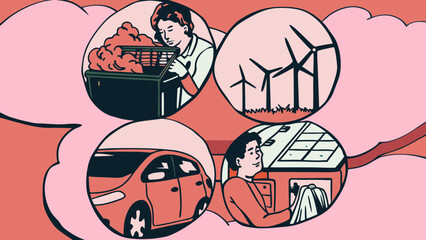 Illustration showing green energy ideas with solar panels and electric car and wind turbines and laundry on transparent background silhouette
