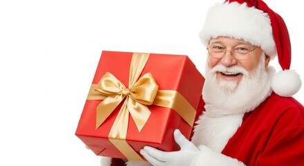 Santa Claus Holding Red Gift Box on White Background with Copy Space