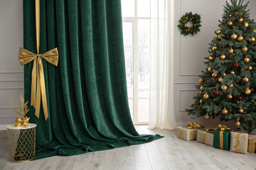 Velvet green stage curtains and a backdrop adorned with gold ribbons and stars. Luxury. Event. Party. Sophistication. Copy space.
