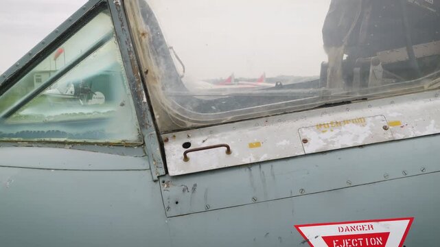 Vintage aircraft ejector seat label close up stock footage