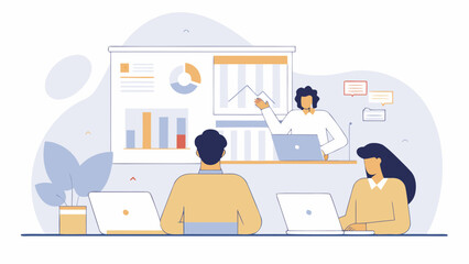 Illustration of a business presentation with graphs and charts being presented to a small audience group on transparent background silhouette