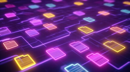 Obraz premium Abstract network grid with files and folders, futuristic software interface, digital document management system, store, search and organize documents, corporate business, paperless office 