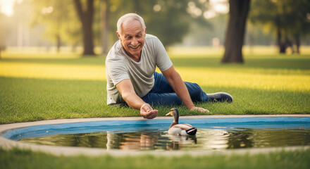 Happy senior man enjoys a tranquil moment feeding a mallard duck by a serene pond in a sunny park, finding joy in nature's simple pleasures