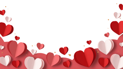 A romantic backdrop of layered paper hearts in shades of red and white against a transparent void. Valentine background with hearts and flowers