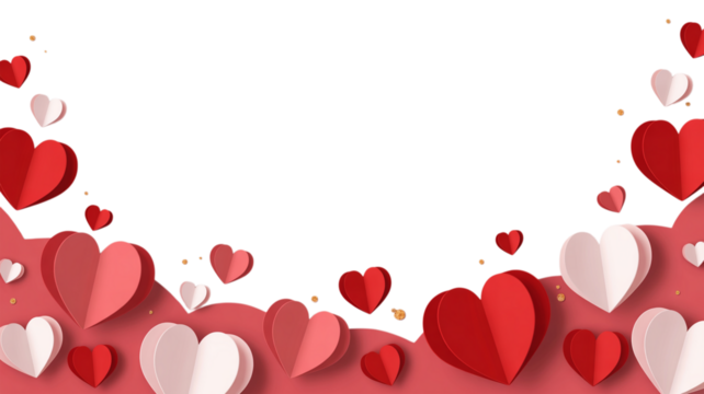A romantic backdrop of layered paper hearts in shades of red and white against a transparent void. Valentine background with hearts and flowers
