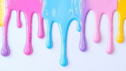 Colorful drips of paint or glossy substance cascade down a white background