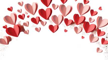 A romantic backdrop of layered paper hearts in shades of red and white against a transparent void. Valentine background with hearts and flowers
