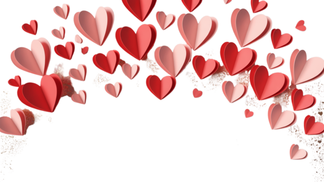 A romantic backdrop of layered paper hearts in shades of red and white against a transparent void. Valentine background with hearts and flowers