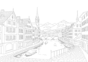Obraz premium Zurich cityscape sketch river boats old buildings mountains bridges and church spires