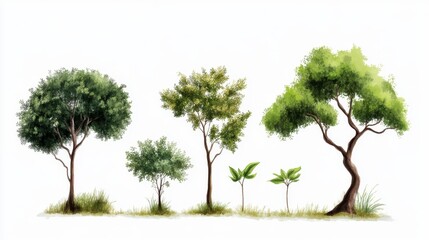 Vector graphic showing natural growth of trees, small to large, green leaves appearing at each stage