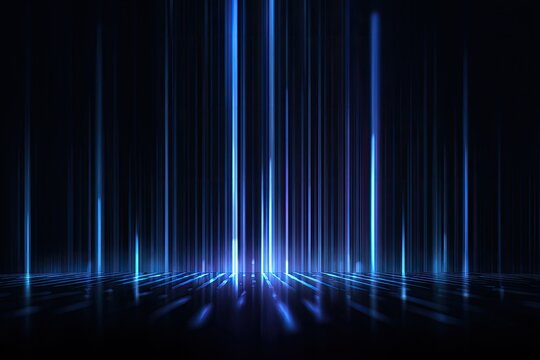 Futuristic blue light beams descend on reflective, dark floor