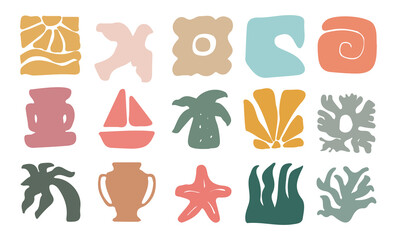 Groovy summer beach illustration set featuring geometric sun. palm trees. sea waves. sailboat and retro abstract tropical icons. Perfect for logos and vintage-inspired designs.