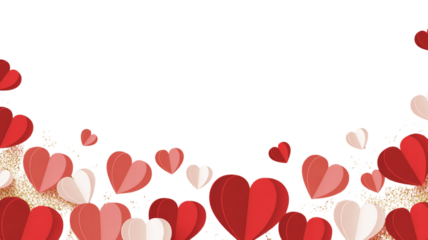 A romantic backdrop of layered paper hearts in shades of red and white against a transparent void. Valentine background with hearts and flowers