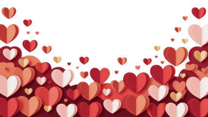 A romantic backdrop of layered paper hearts in shades of red and white against a transparent void. Valentine background with hearts and flowers