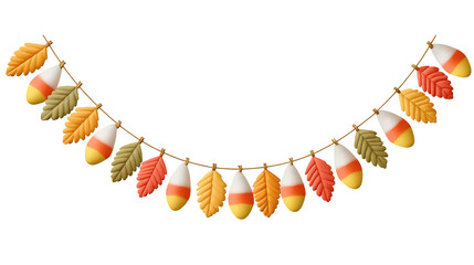 Charming autumn party garland decoration of candy corn and colorful fall leaf. This festive bunting illustration for happy Halloween celebration hangs isolated on string