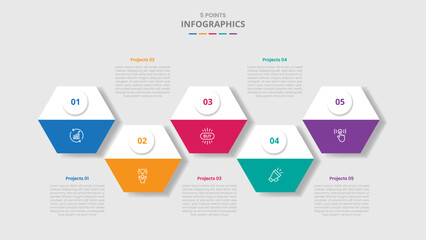 5 points template infographic with hexagon shape up and down wave with drop shadow style with four stage list information