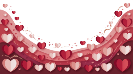 A romantic backdrop of layered paper hearts in shades of red and white against a transparent void. Valentine background with hearts and flowers