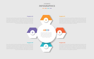 4 points template infographic with circle center and hexagon circular on quadrant structure with drop shadow style with four stage list information