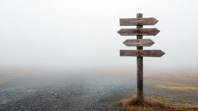 Multiple views of a weathered wooden signpost with blank arrow signs pointing in various directions, symbolizing choices and decisions in foggy and uncertain conditions