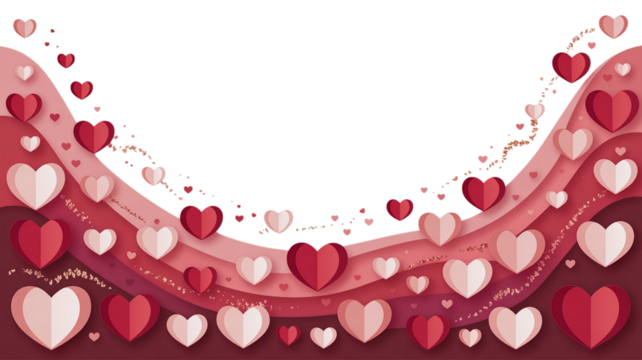 A romantic backdrop of layered paper hearts in shades of red and white against a transparent void. Valentine background with hearts and flowers - Powered by Adobe