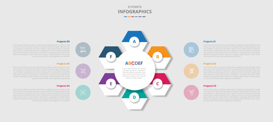 6 points template infographic with big circle with hexagon point circular with drop shadow style with four stage list information