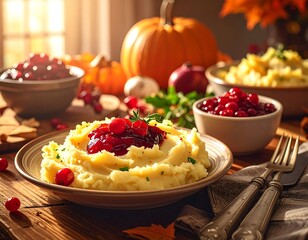 Thanksgiving mashed potatoes with cranberry sauce
