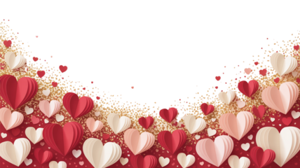 A romantic backdrop of layered paper hearts in shades of red and white against a transparent void. Valentine background with hearts and flowers