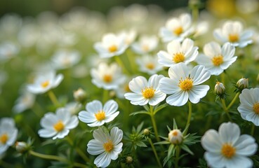 Fototapeta premium White flowers with yellow centers bloom in rich green field. Delicate petals, slender stems visible in foreground. Blurred background creates serene atmosphere. Flowers in full bloom, buds also