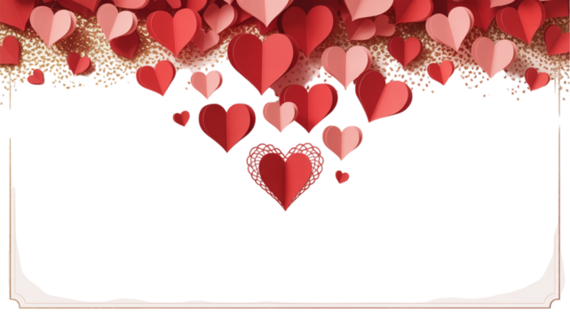 A romantic backdrop of layered paper hearts in shades of red and white against a transparent void. Valentine background with hearts and flowers