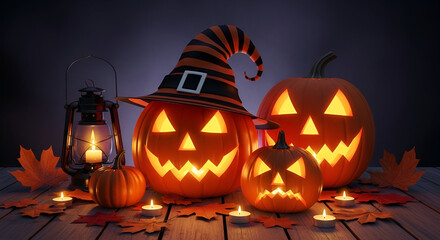 Spooky Halloween Pumpkins Lantern And Candles On Wood