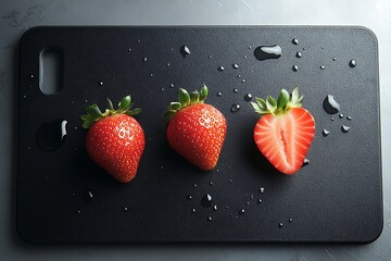 Luscious ripe strawberries glistening on a dark cutting board, ready for a summer dessert, showcasing their vibrant red hues and juicy texture.