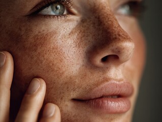 A close-up portrait of a woman tenderly touching her cheek, highlighting natural blemishes and celebrating the beauty of skincare and self-care.
