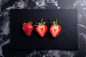 Three juicy strawberries, one whole and two halves, arranged on a dark slate plate, a vibrant still life capturing summer's sweetness and simplicity against a marble background.
