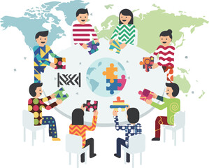 Cross-Cultural Team Building Global Communication Vector Illustration. Wide Landscape Diverse Employees Collaborating