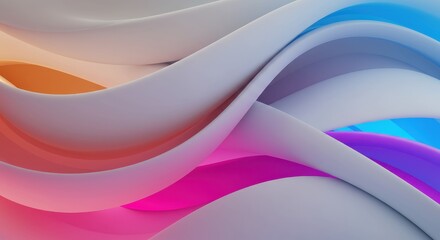 Obraz premium Abstract artwork presents a flowing, curved design with soft white and gray shapes, complemented by a vibrant spectrum of colors including pink, orange, blue, and purple, creating a visually...