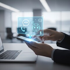 Businessman Using Smartphone to Access Ai Chatbot Service, Holographic Digital Interface with Communication Icons, Modern Office Environment, Artificial Intelligence