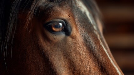The horse's eye gazes softly, with the horse's gaze fixed on the surroundings. The soft fur of the horse surrounds the eye, reflecting light subtly from the horse's eye.