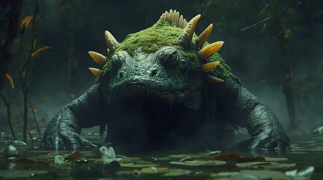 Giant Humanoid Axolotl Monster in a Murky Swamp