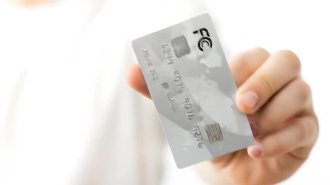 Hand holding a credit card with an FC logo on a white background.