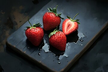 Luscious ripe strawberries glistening on a dark board, a juicy summer still life capturing the essence of fresh fruit and vibrant red hues.