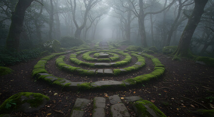 Naklejka premium Spiral Stone Path Disappearing into Foggy Forest