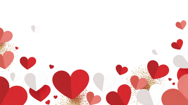 A romantic backdrop of layered paper hearts in shades of red and white against a transparent void. Valentine background with hearts and flowers