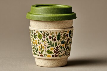 Eco-Friendly Mug: A charming, reusable mug adorned with floral patterns sits ready, promising to be a loyal companion for those who seek a sustainable and stylish way to enjoy beverages. 
