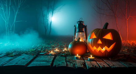 Spooky Halloween Scene with Jack-o- Lantern and Lantern