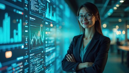 Asian businesswoman smiles near glowing screens with data charts and graphs. Futuristic office setting displays digital information and analytics, showing tech progress and expertise.
