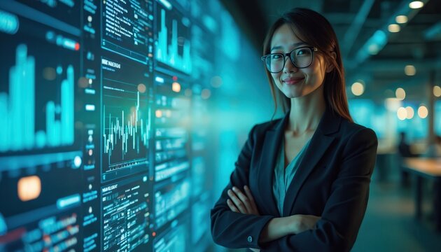 Asian businesswoman smiles near glowing screens with data charts and graphs. Futuristic office setting displays digital information and analytics, showing tech progress and expertise.