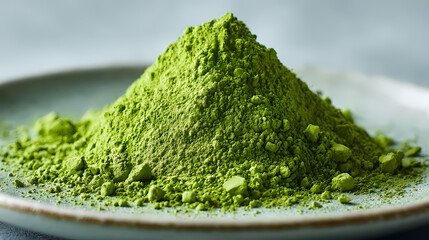 Green matcha powder sits on a light-colored ceramic plate, ready for brewing or culinary use.