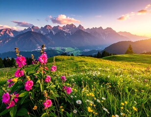 Alpine Meadow Sunset Panorama.