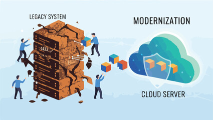 Digital Transformation Legacy System Modernization Vector Illustration. Wide Landscape Developers Upgrading Old Tech.